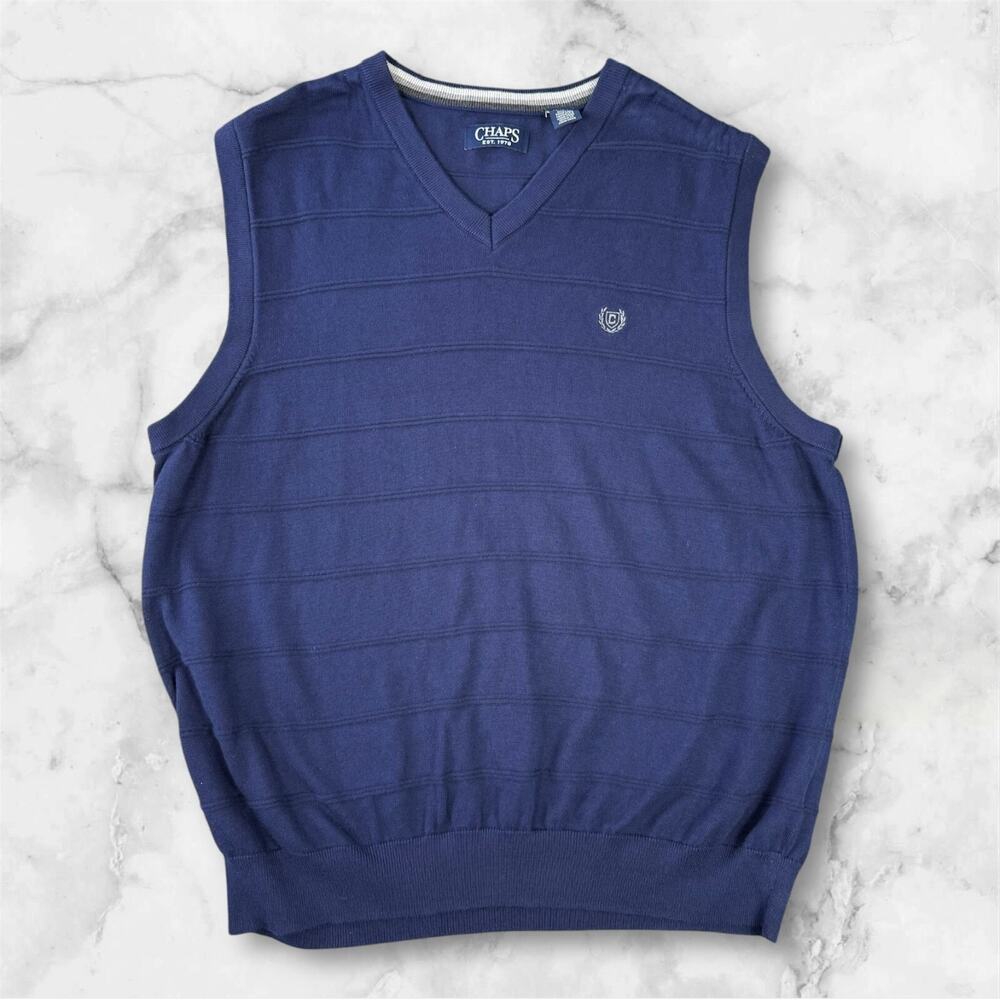CHAPS Solid Navy Blue V-Neck Pullover 100% Cotton Knitted Vest XL